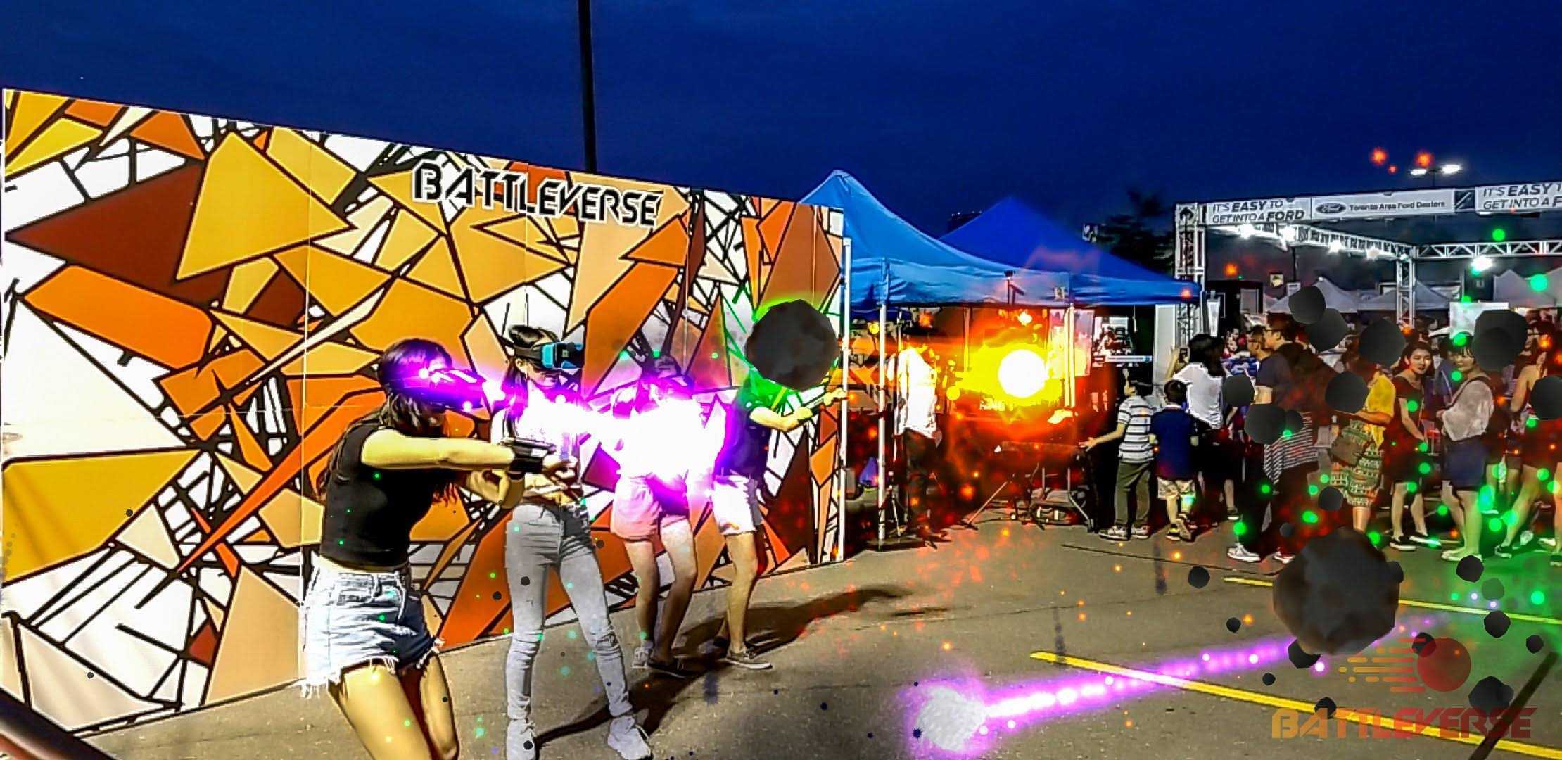 Players in a physical arena wearing AR headsets and casting a virtual fireball during Battleverse multiplayer gameplay.